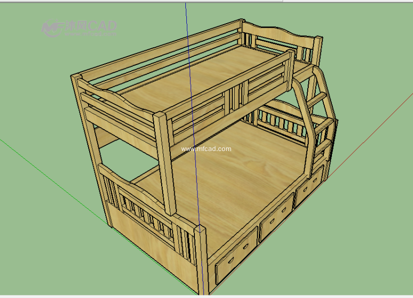 一个上下铺的木床 - sketchup室内家具模型 - 沐风图纸