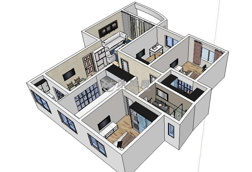商业楼单元间住宅设计图纸 - sketchup住宅模型 - 沐风图纸