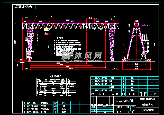 mh桁架葫芦门机电路原理图清单及参数详图图纸描述起重量:15t,跨度:s=
