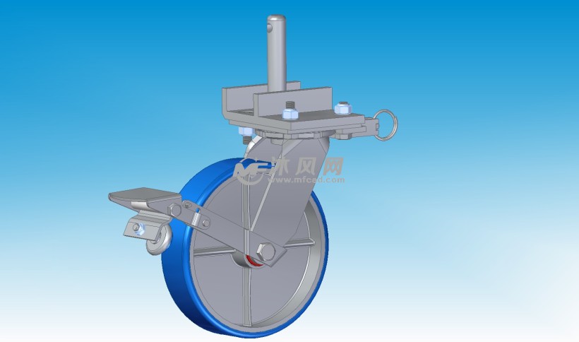脚轮设计模型线性结构图旋转式刹车系统的脚轮设计模型轴视图图纸描述