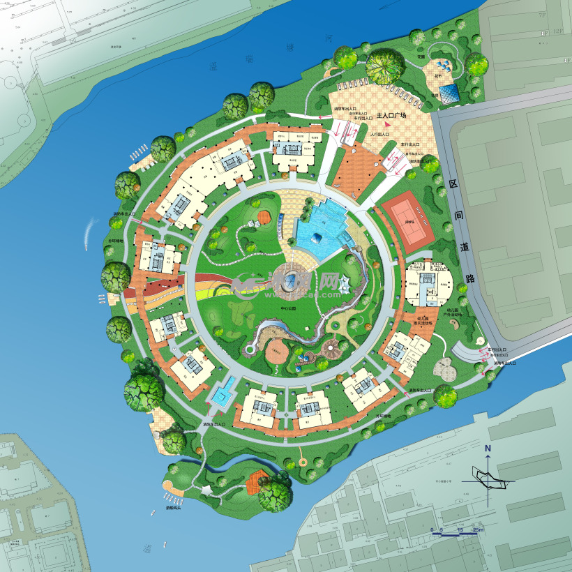 某圆形小区景观绿化配置设计及建筑规划图纸含苗木表彩平