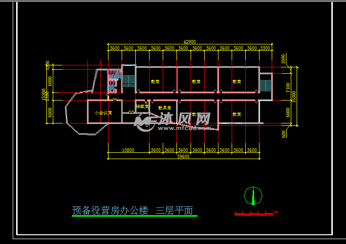 部队营房建筑设计图营房办公楼三层平面图