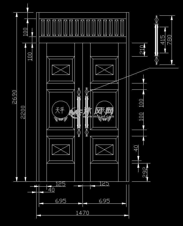 某单位铜门尺寸图 - cad大门结构图纸下载,免费大门结构cad施工图