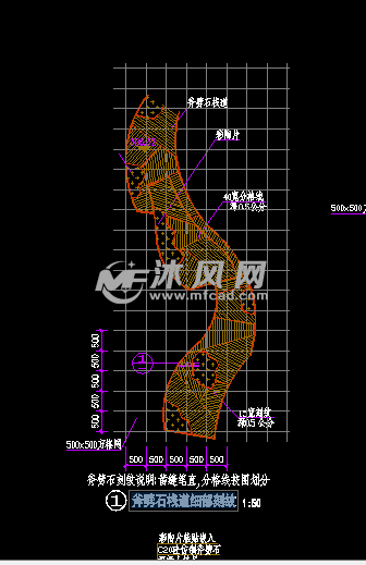 斧劈石棧道細部刻紋詳圖 - autocad景觀及古建節點大樣圖下載 - 沐風