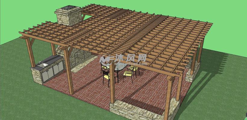 中式餐厅休闲景观廊架模型