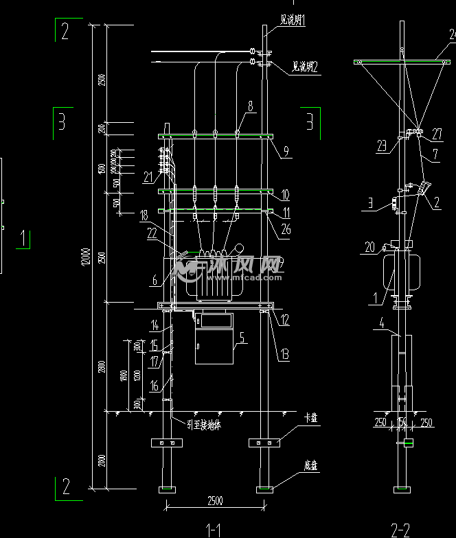 双杆柱上变台型变电所台架安装图