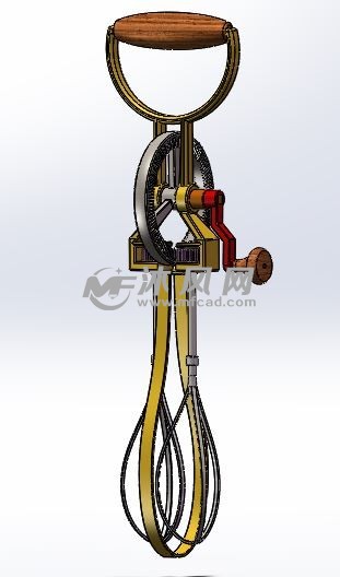 图纸描述手摇打蛋器:工作原理是利用大齿轮带动两个小齿轮快速转动