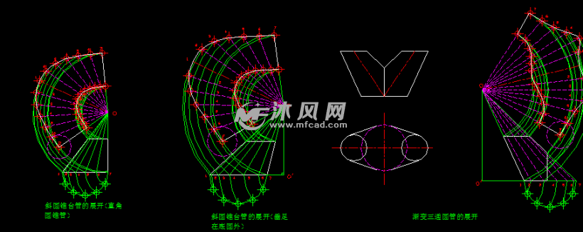 幾種斜圓錐與漸變三通圓管放樣展開案例