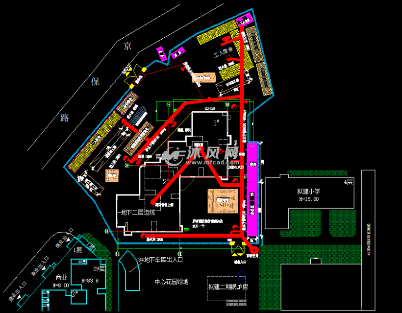 圖紙描述工程施工現場臨水工程平面佈置圖包括現場用水,排水,消防用水