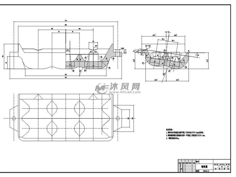 视图图纸描述这是一张铁水铸成铁用的铸铁模图纸,用于将铁水铸造成块