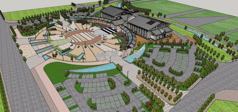 新中式风格温泉山庄度假村公园广场景观设计