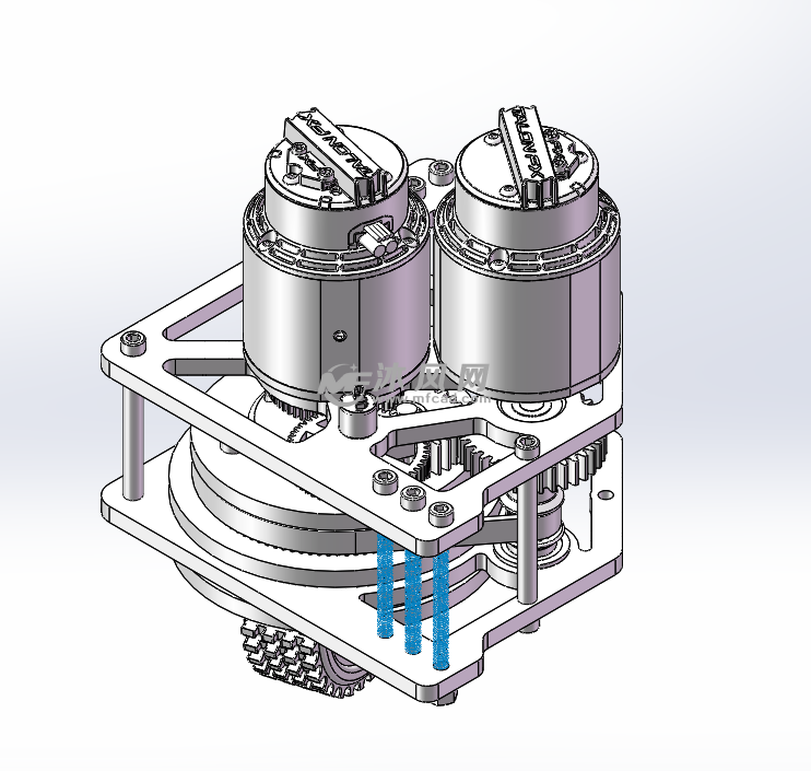 三视图双马达的转向轮设计模型轴视图图纸描述双马达的转向轮设计模型