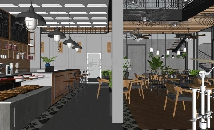 侧面透视咖啡厅场景