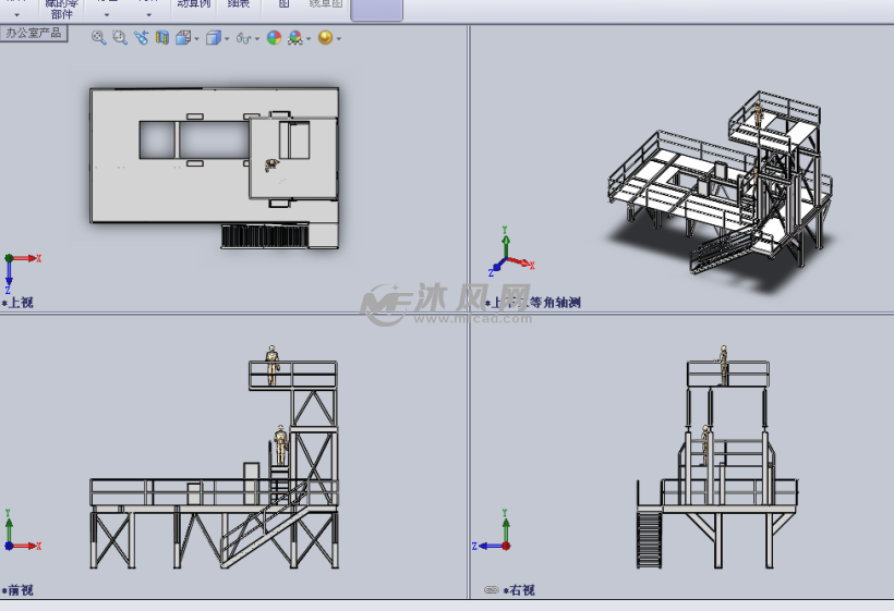 双层钢制楼梯平台设计模型三视图