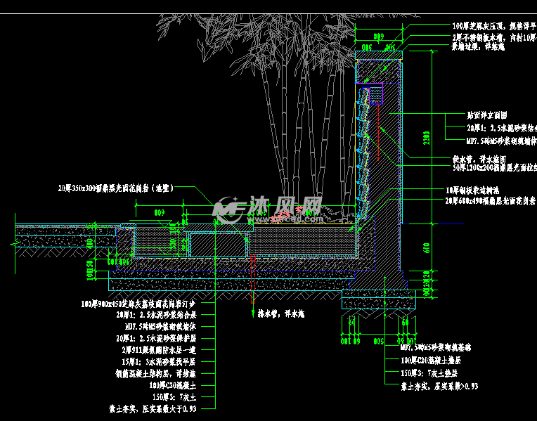 跌水景牆詳圖設計 - 小品及配套設施施工圖圖紙 - 沐風網