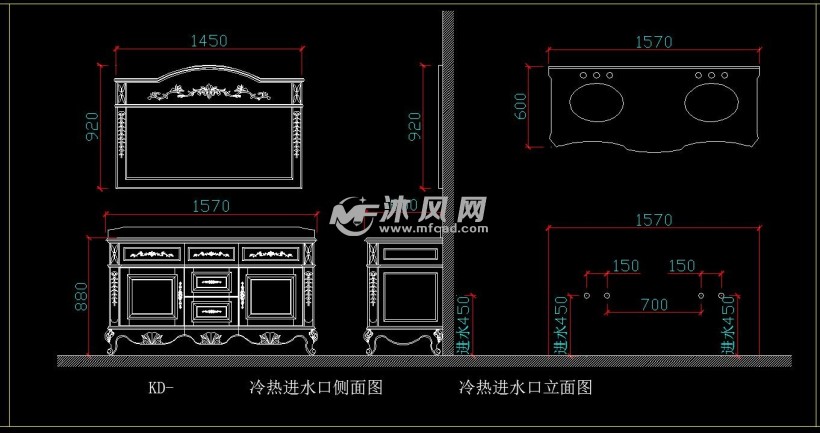 左右單開門中間雙抽雙盆冷熱水位尺寸圖