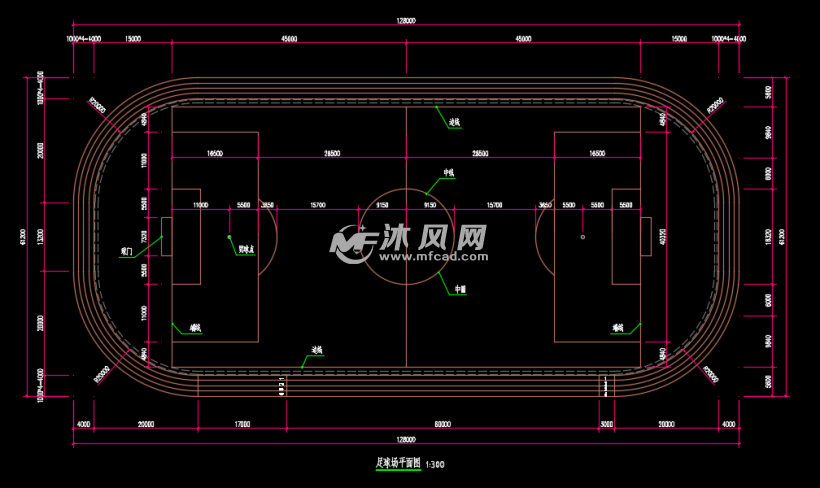 现代标准300米运动场及足球场设计图 体育建筑图纸 沐风网