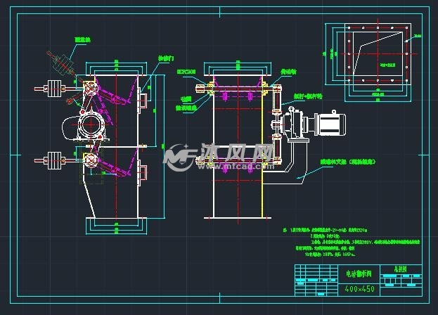 电动翻板阀400x450总装图及零件图 阀体图纸 沐风网