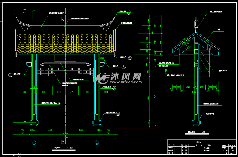 福州西湖公园某仿古垂花门建筑设计施工图