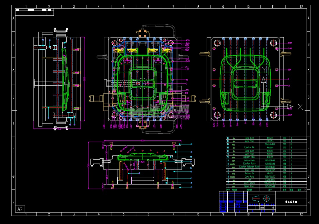 一款垃圾桶盖子的模具2d设计图,产品的尺寸比较的大,模具排位采用的是