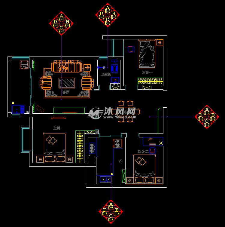 屋内装修施工图 - cad建筑图纸 - 沐风网