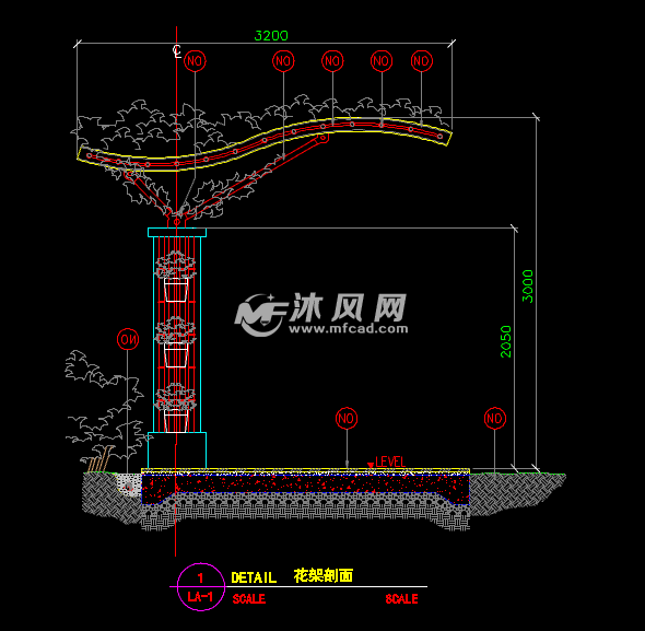 平面图总图1)单臂廊架图纸内容:平面图,立面图,剖面图,细部做法等.