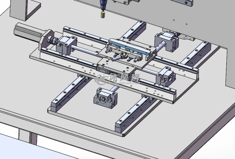 导轨移动平台位xy双向模组机构,此机构带动导轨夹具精确移动,完成导轨