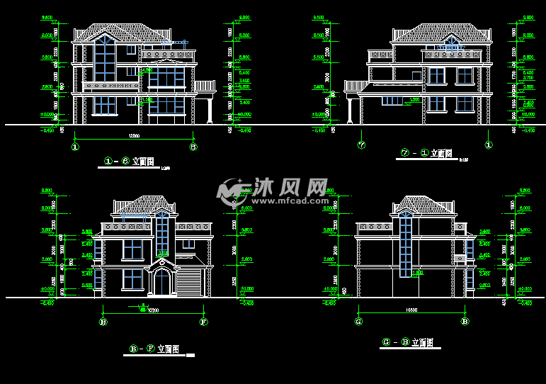 二层平面图,阁楼层平面图,屋顶平面,东,南,西,北面立面图,剖面图等;一