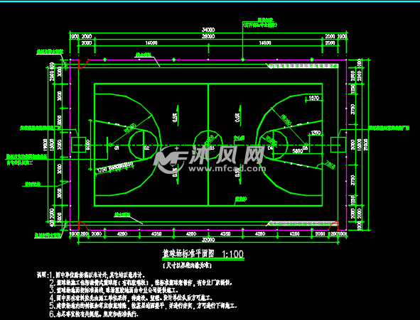 标准篮球场及防护网设计施工图 - 体育建筑图纸 - 沐风网