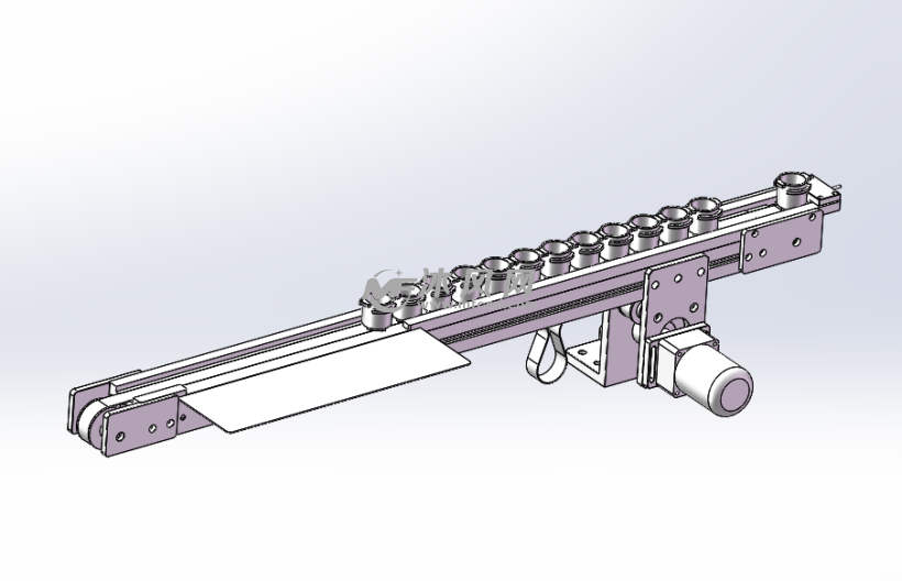 灯头本体上料导轨,主要通过电机驱动轮与张紧轮驱动从带带动灯头滑道