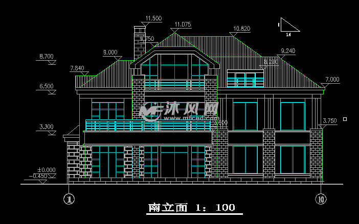 19米×15米农村自建二层别墅南立面图