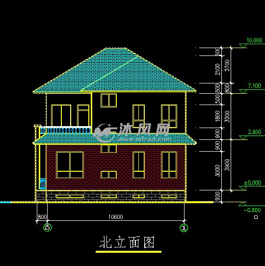 11米×12米农村自建三层别墅北立面图