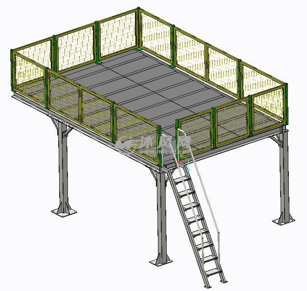 焊接件作为纵梁支撑,方管焊接件作为横梁支撑,钢平台上方围绕一圈围栏