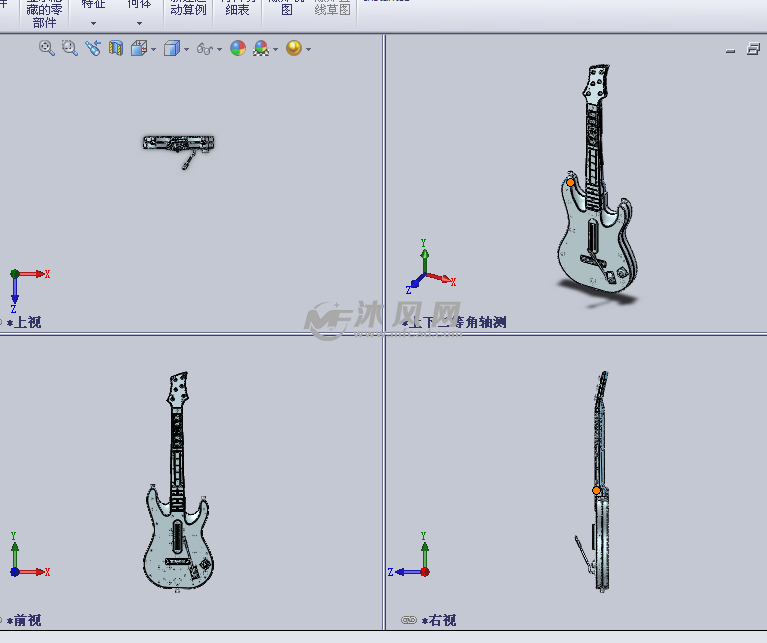 音乐演奏的吉他设计模型三视图