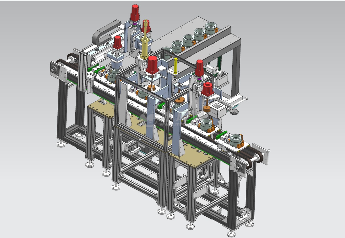 设备全线为自动化设计,整体结构包括了两条输送线,一套双工位的机械手