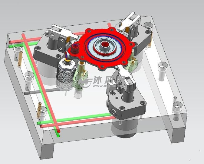 夹具总图此图是一个端盖的一序夹具,夹具采用三个点为z向支撑,xy向用2