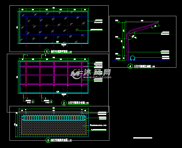 自行车棚详图自行车棚详图中心景区铺装索引平面图弧形花架详图旱喷