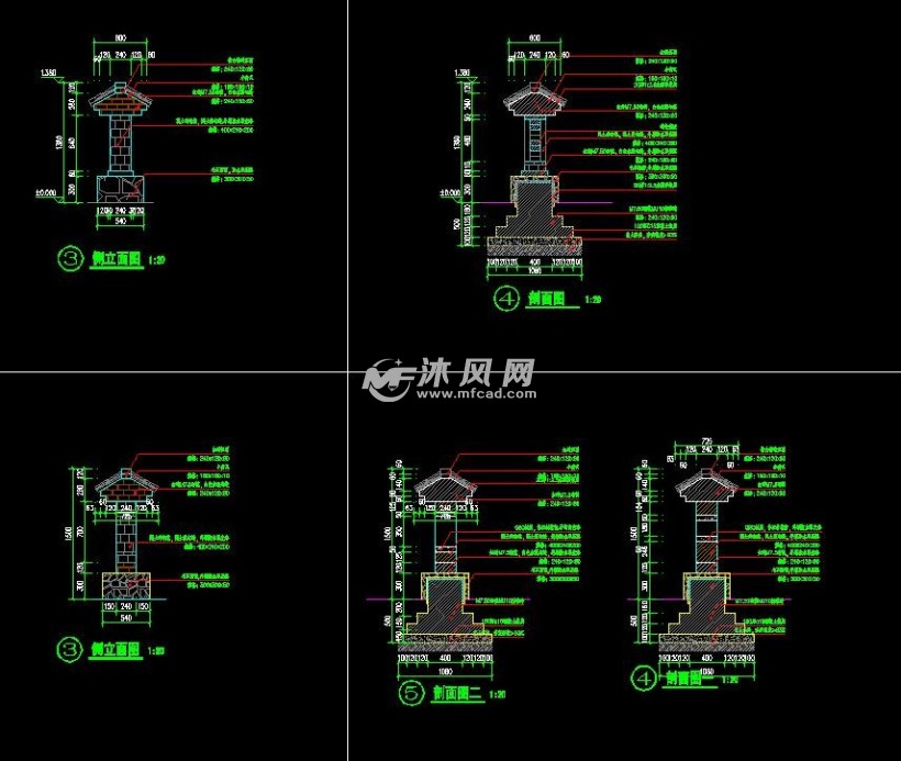 矮墙的具体做法,包括平立剖面图,墙体结构主要采用青砖及普通砖墙结构