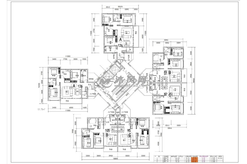 蝶形八户户型 住宅建筑图纸 沐风网