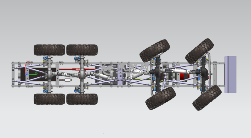 图纸是电动玩具货车的底盘三维结构设计,该车为8轮驱动,有多个传动轴