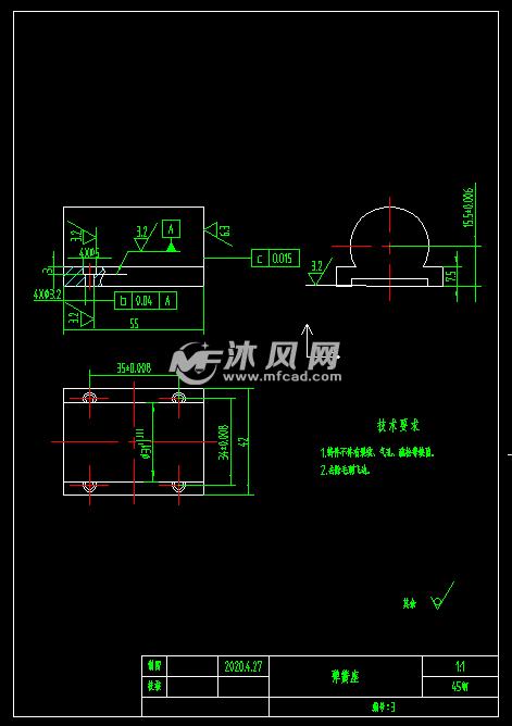 产品中弹簧座零件图,包含零件图的各项要求,形位公差.