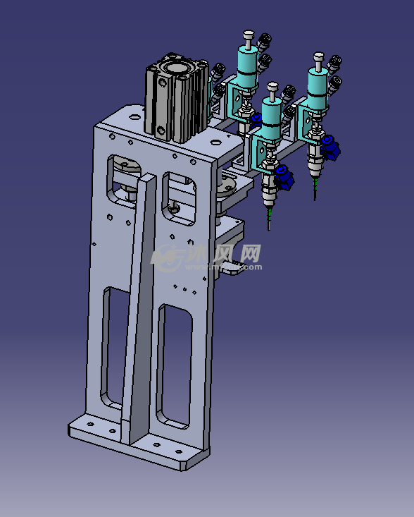 点胶模组机构等轴视图模组点胶机构,用一个伸缩气缸来实现x轴方向的