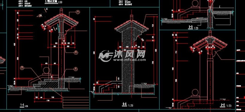 门楼平面图仰视图中式庭院门楼围墙大样图,仿明清宅院设计,青色条砖