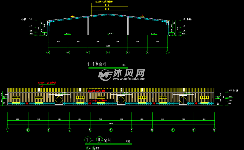 單層35150平米三跨門式鋼架輕鋼結構廠房- 建築裝修圖紙 - 沐風網