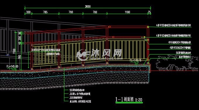 无障碍立面剖面图本图纸供两张,图纸为残疾人通道做法及栏杆做法,台阶