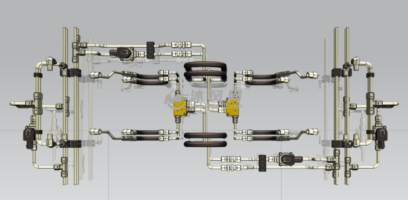 此上传模型为一套液压系统中使用的油管管路布局设计,通过各种弯头与