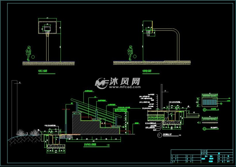 球架正立面,籃球場做法大樣,籃球場看臺剖面圖,混凝土溝蓋板詳圖,圍網