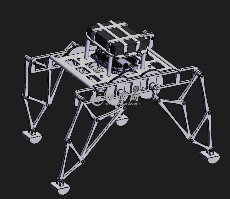 行走機器人軸測圖本模型為一款非標設計的四足行走機器人的三維模型