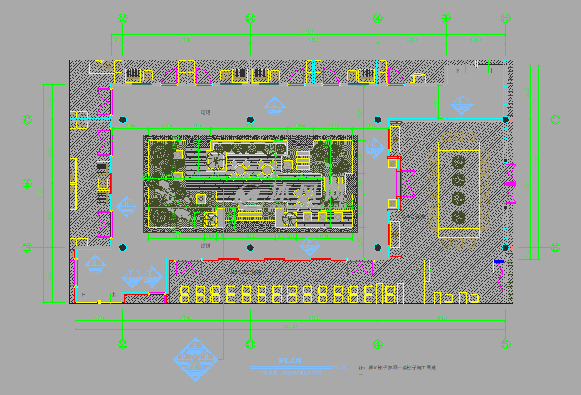 某会所室内中庭景观详图 包括:平面图,顶面图,中庭景观立面图及装饰