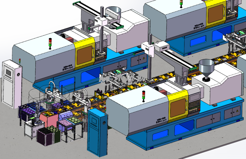 碼盤線該方案為一注塑車間的塑膠件自動分揀碼盤的全自動生產線方案